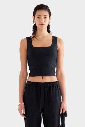 Linen Panelled Top -  Black