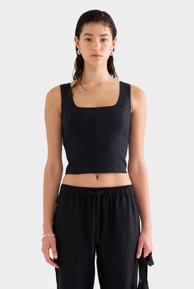 Linen Panelled Top -  Black