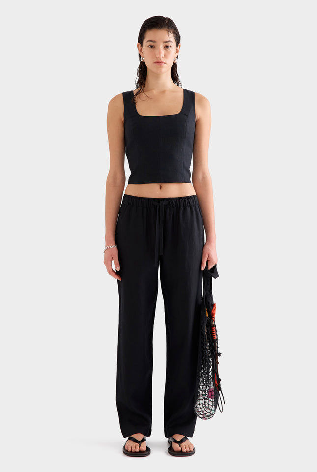 Linen Panelled Top -  Black