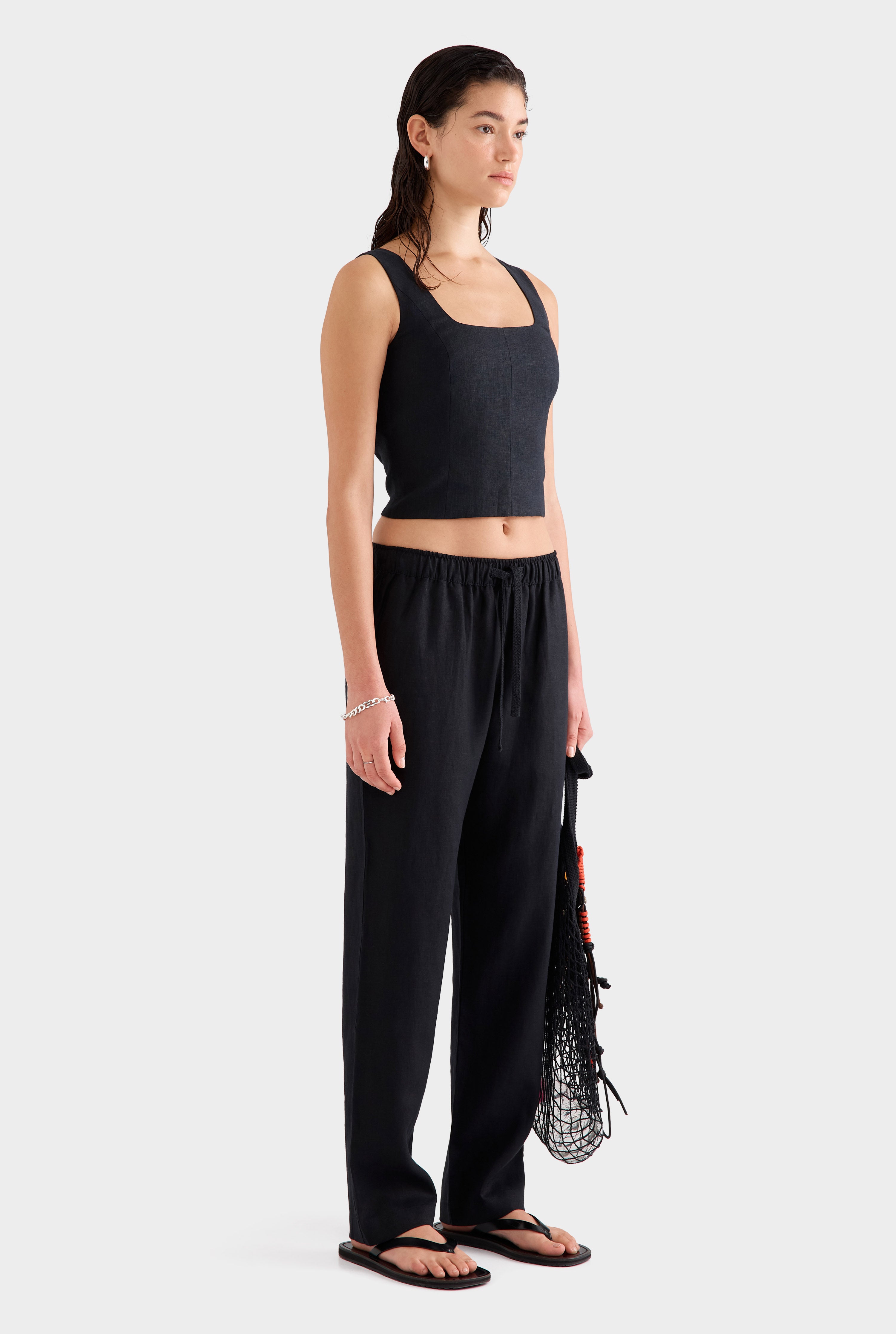 Linen Panelled Top -  Black