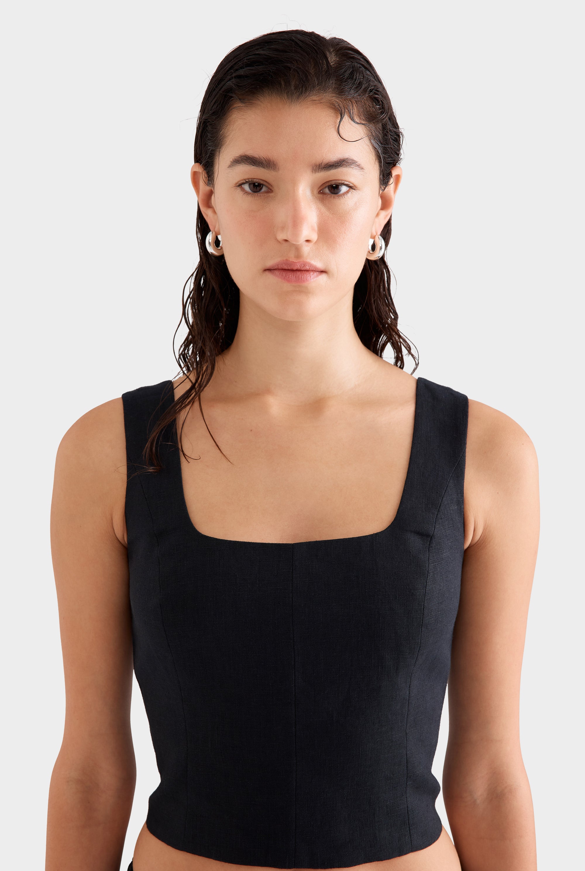 Linen Panelled Top -  Black