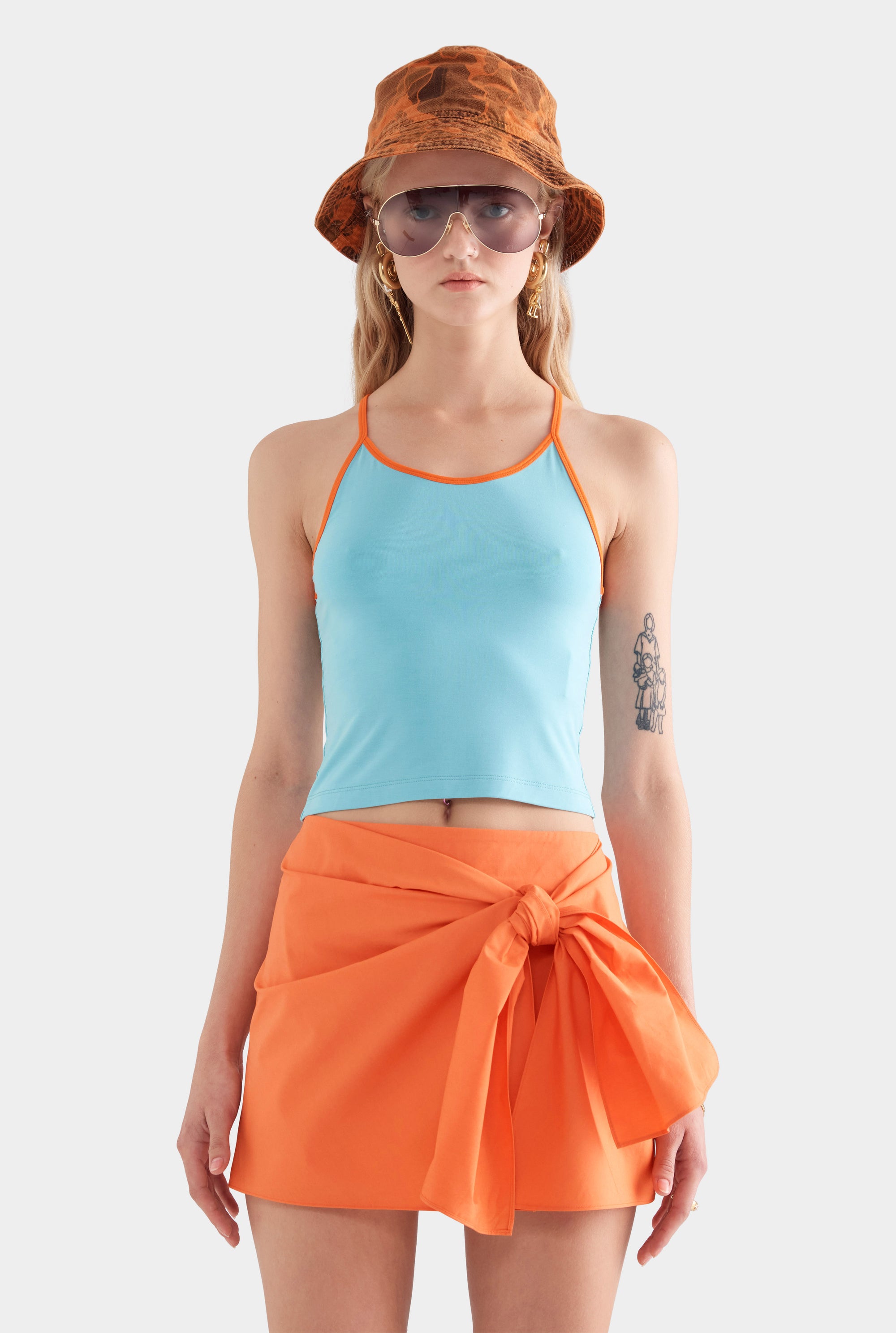 Tie Cotton Mini Skirt - Bright Orange