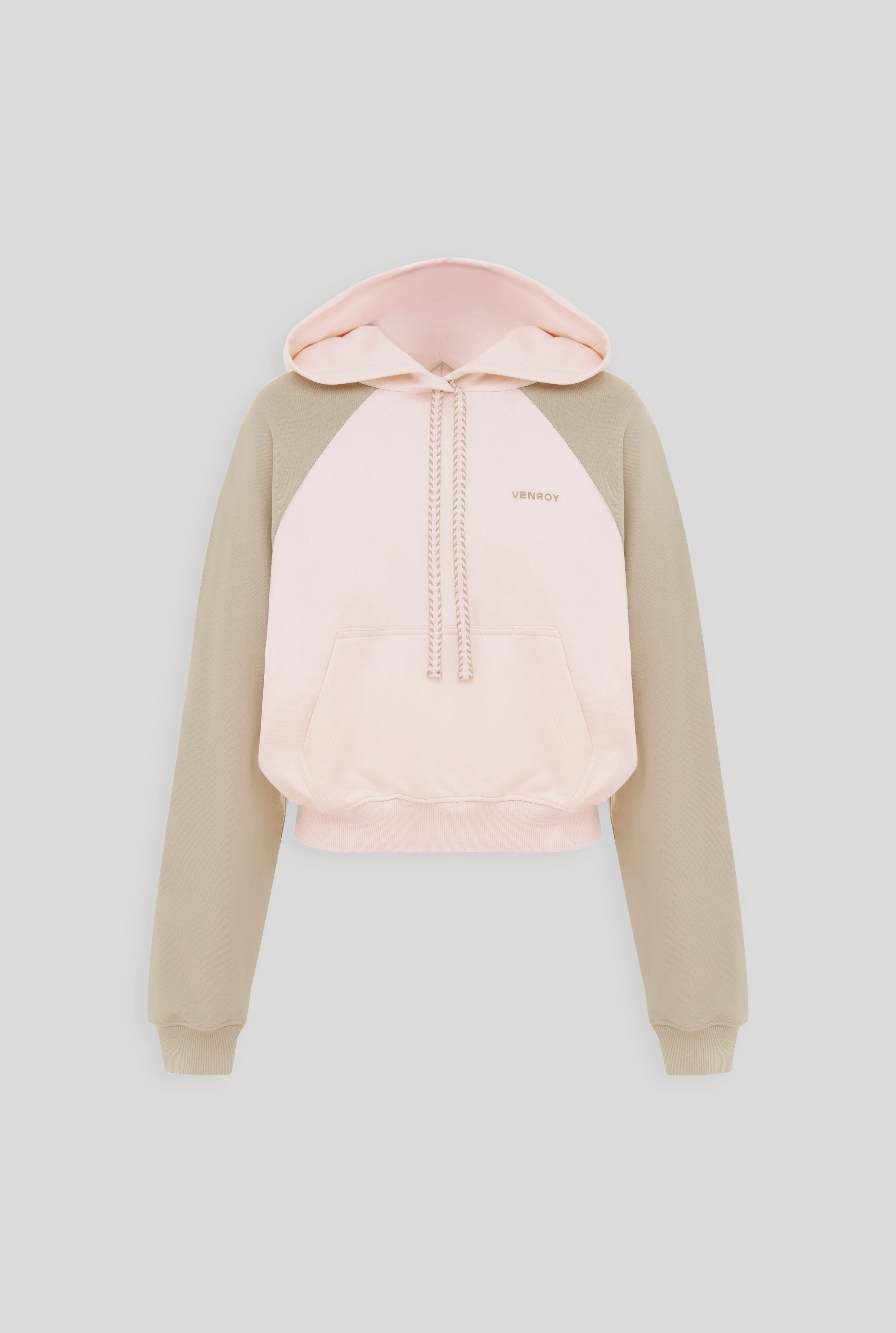 Contrast Cropped Track Hoodie - Pale Pink/Walnut