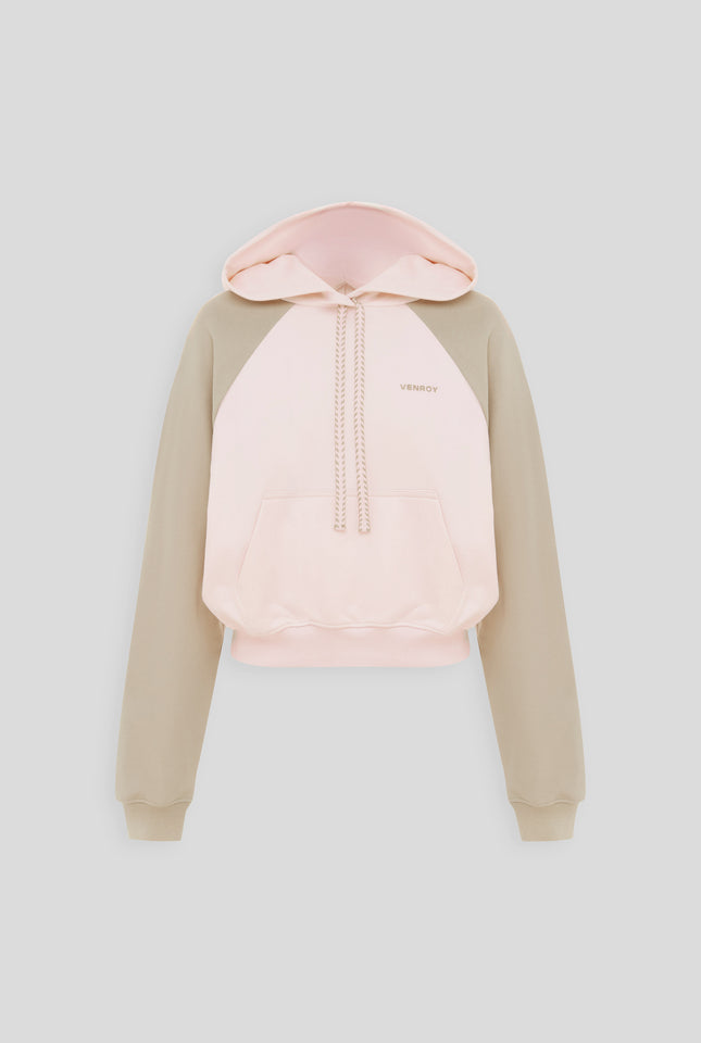 Contrast Cropped Track Hoodie - Pale Pink/Walnut