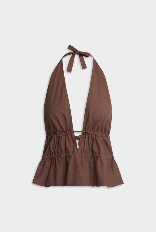 Cotton Poplin Halter Top - Chocolate