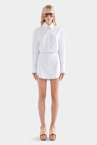 Cotton Shirt Mini Dress - White/Sage/Peach Pinstripe