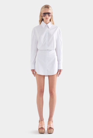 Cotton Shirt Mini Dress - White/Sage/Peach Pinstripe