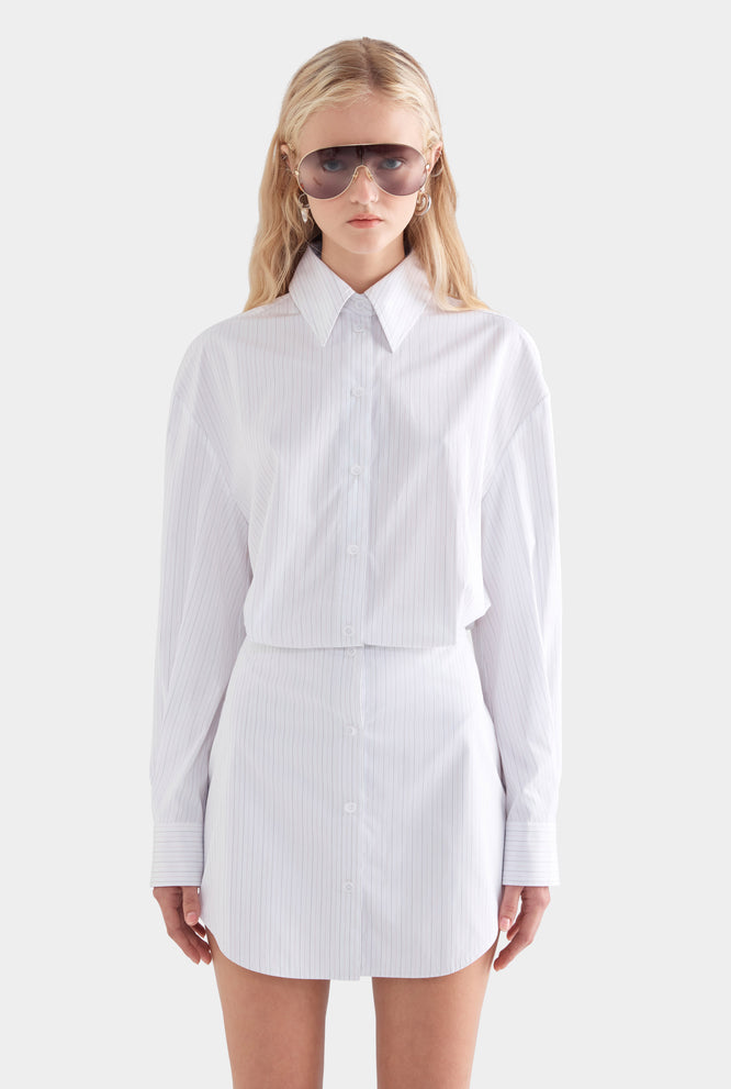 Cotton Shirt Mini Dress - White/Sage/Peach Pinstripe