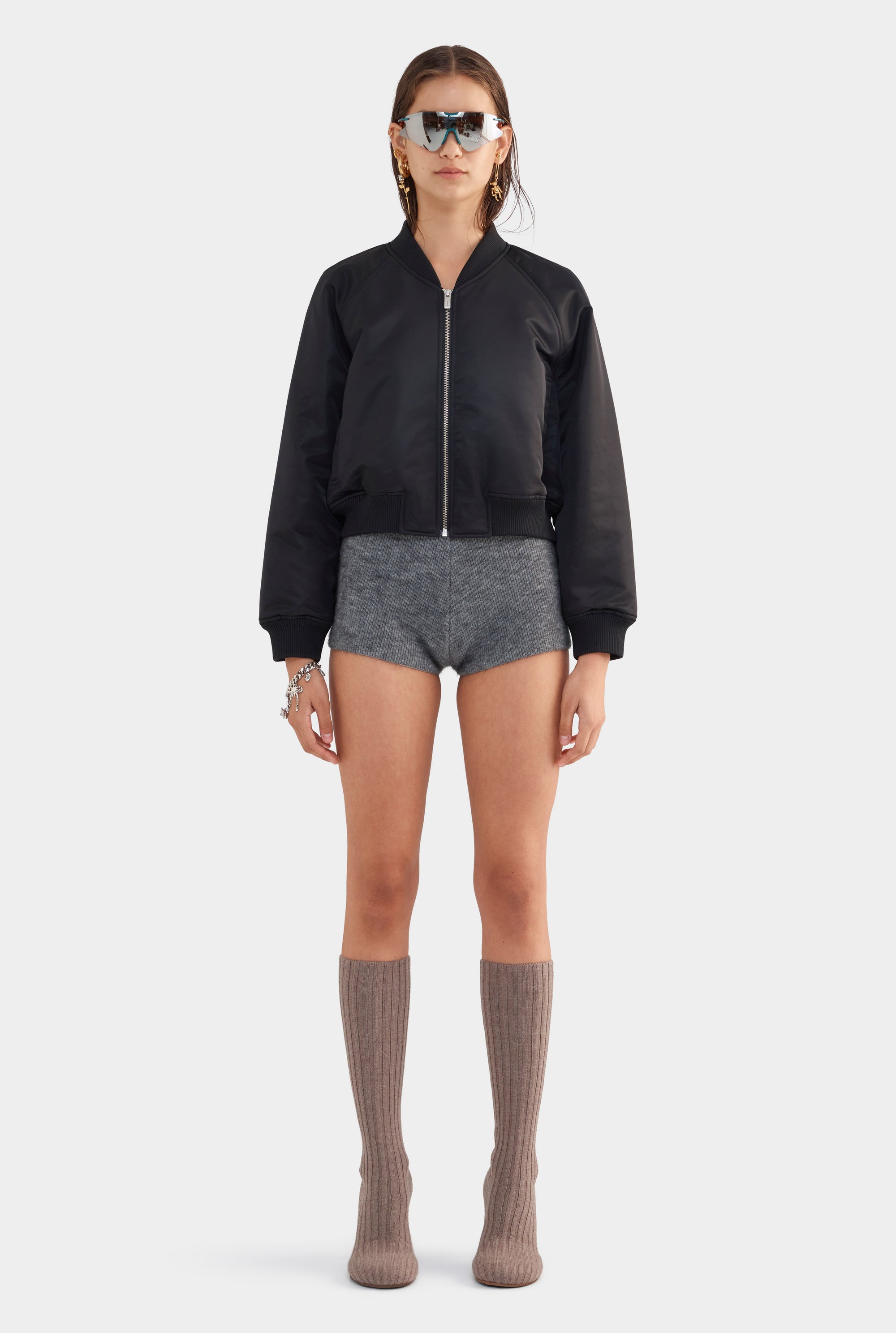 Cropped Nylon Bomber Jacket - Black