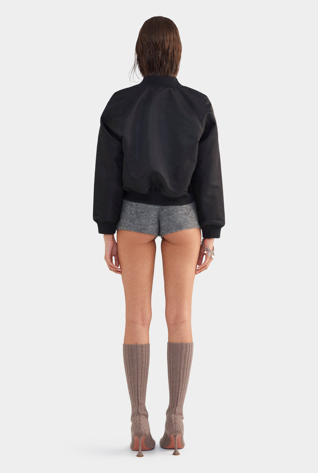 Cropped Nylon Bomber Jacket - Black
