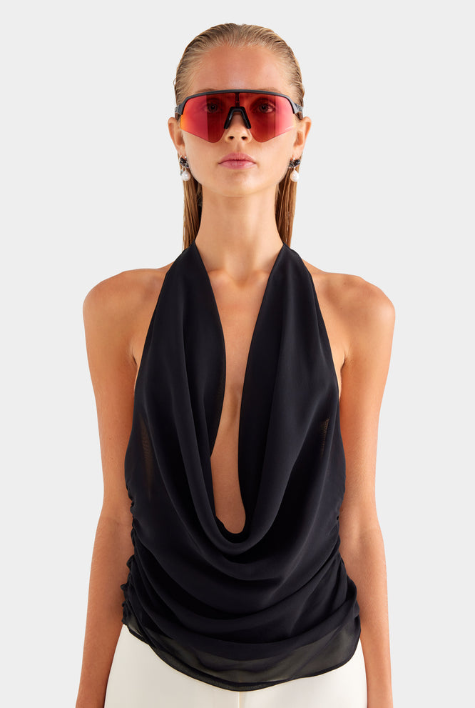 Deep Cowl Sheer Silk Halter - Black