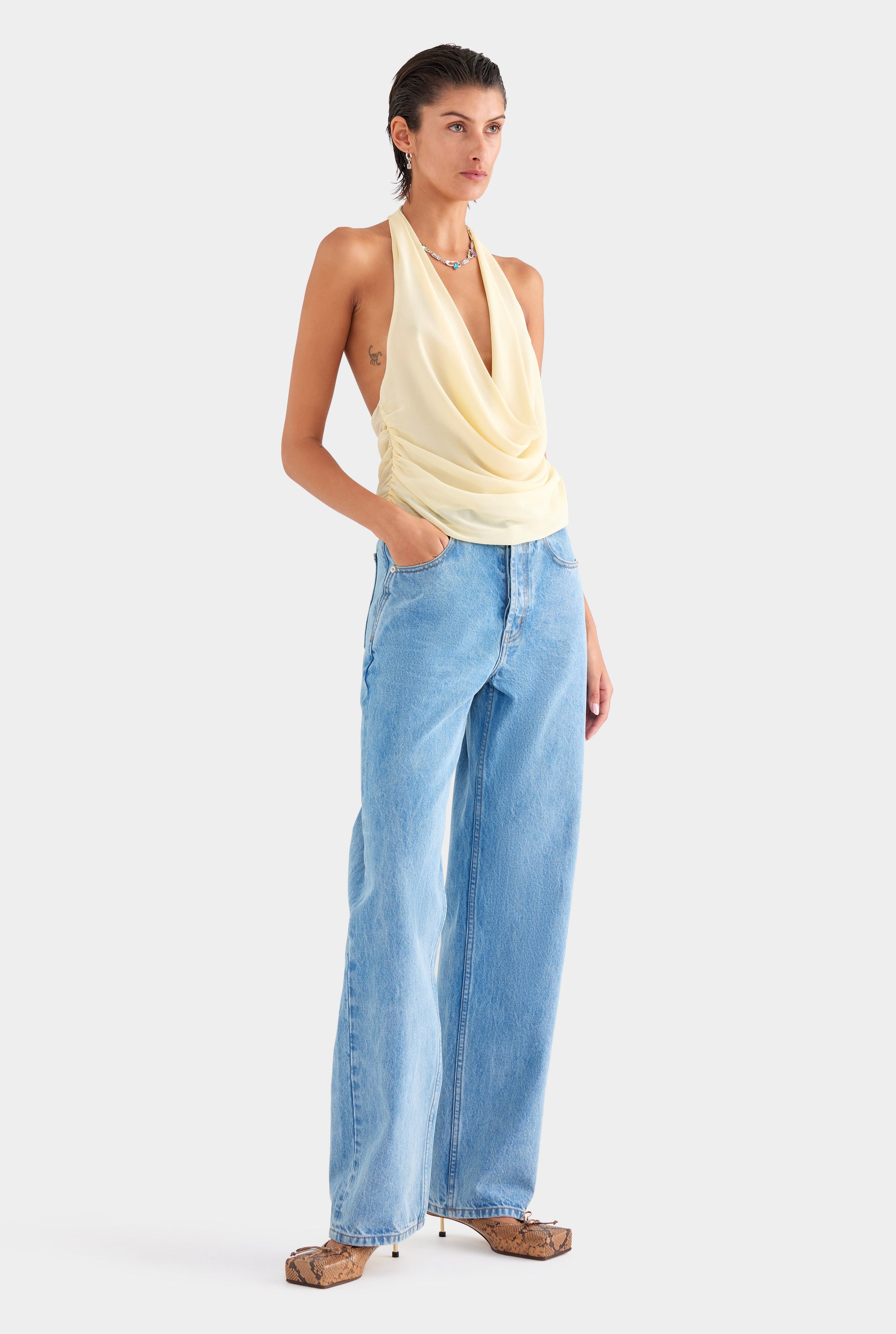 Deep Cowl Sheer Silk Halter - Butter