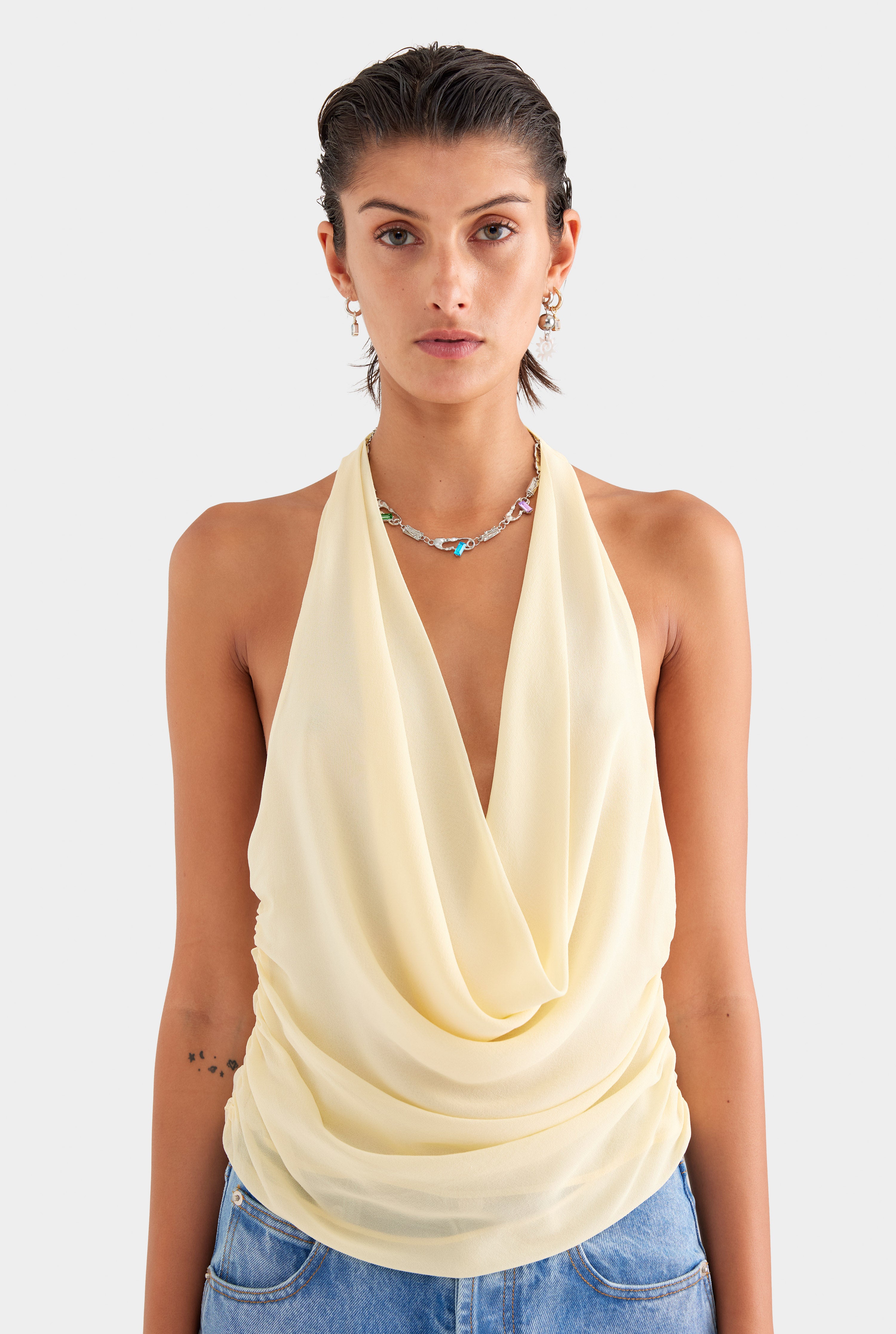 Deep Cowl Sheer Silk Halter - Butter