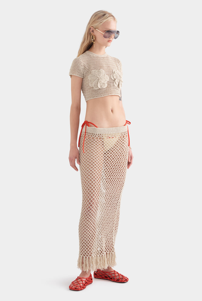 Floral Crochet Cotton Cropped Tee - Natural