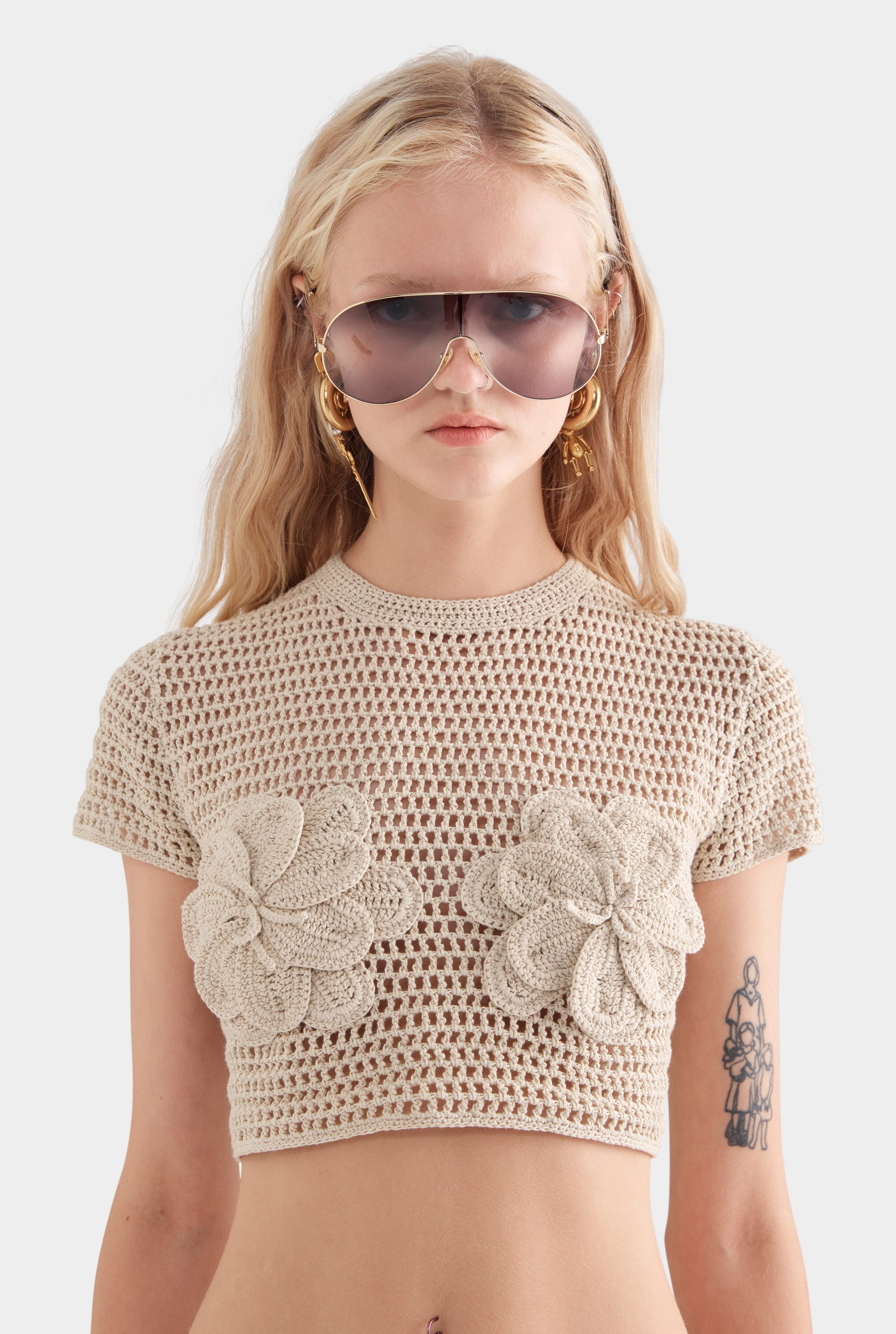 Floral Crochet Cotton Cropped Tee - Natural