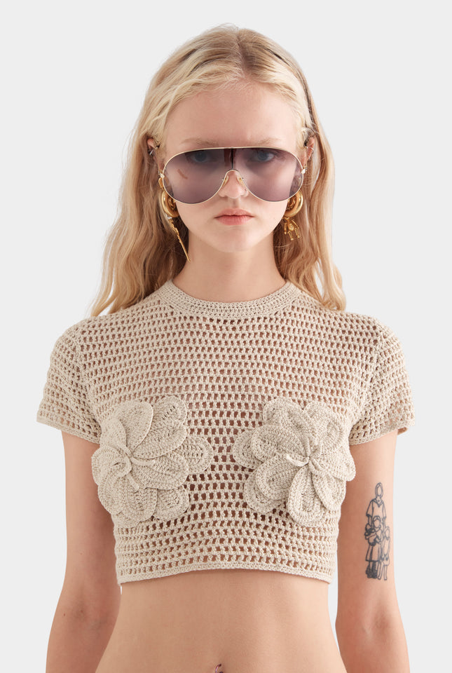 Floral Crochet Cotton Cropped Tee - Natural