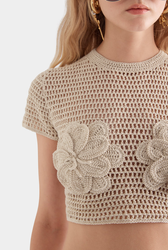Floral Crochet Cotton Cropped Tee - Natural