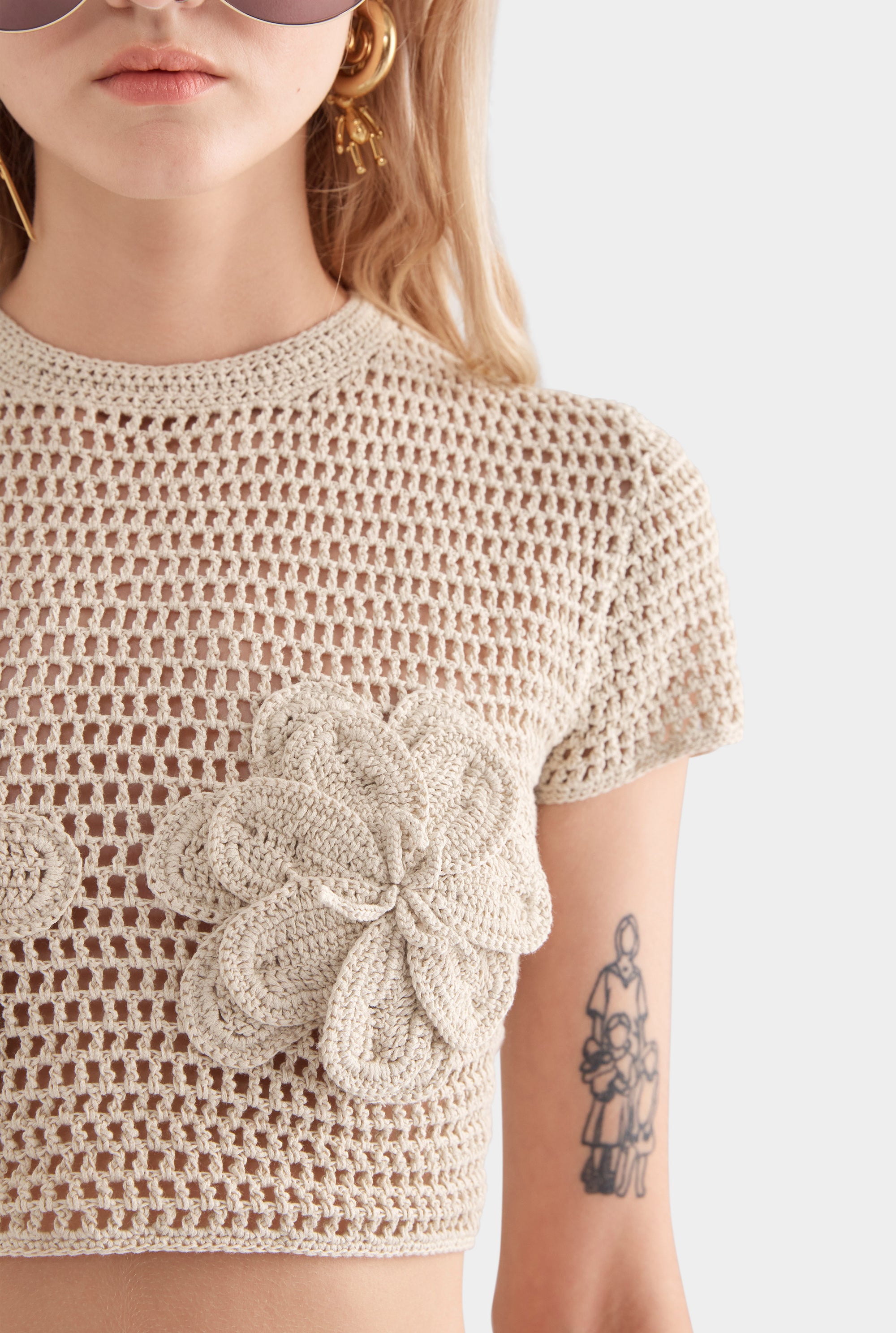 Floral Crochet Cotton Cropped Tee - Natural