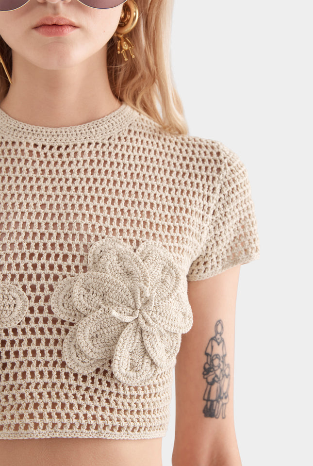 Floral Crochet Cotton Cropped Tee - Natural