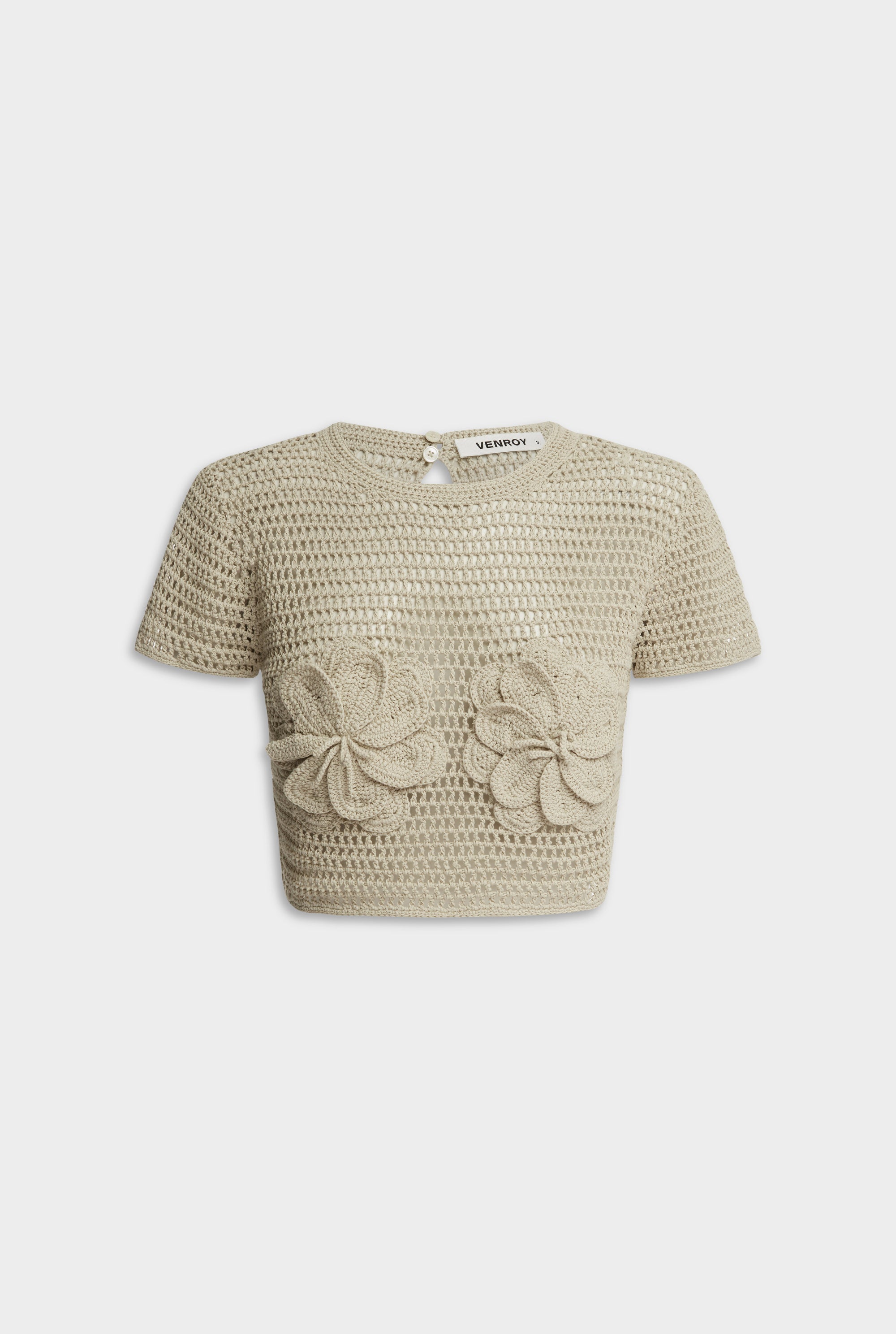 Floral Crochet Cotton Cropped Tee - Natural