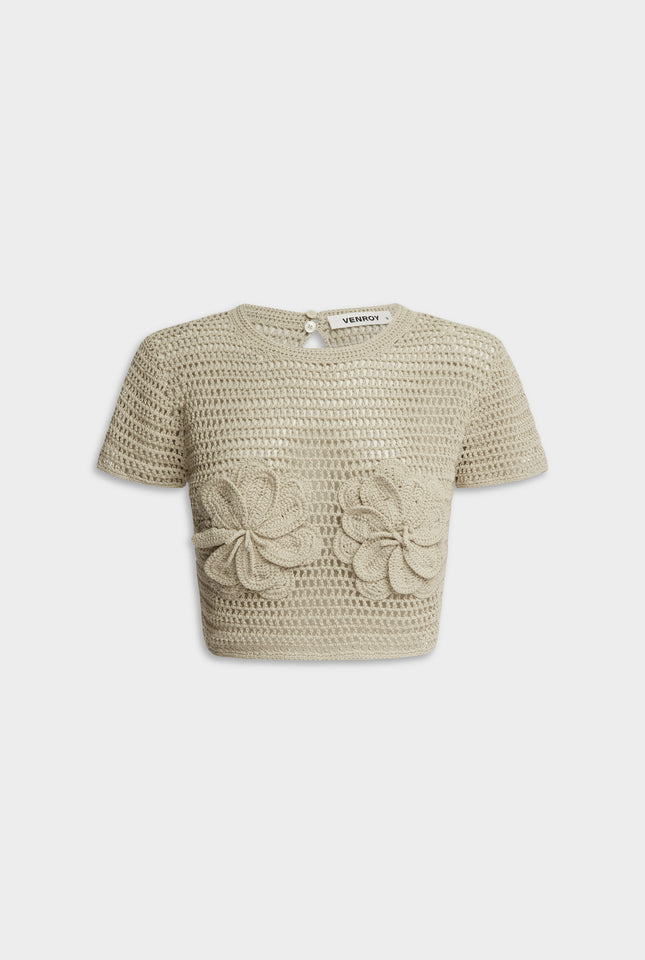 Floral Crochet Cotton Cropped Tee - Natural