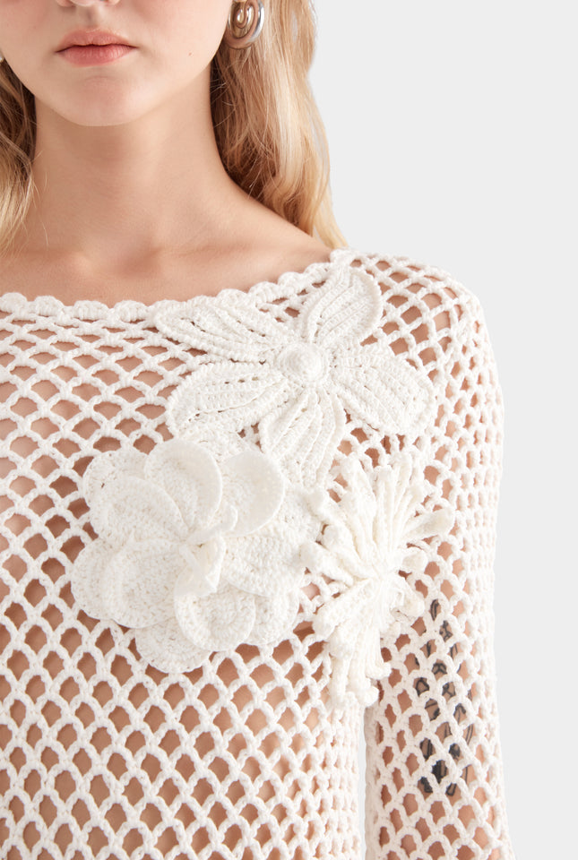Floral Crochet Cotton Mini Dress - White