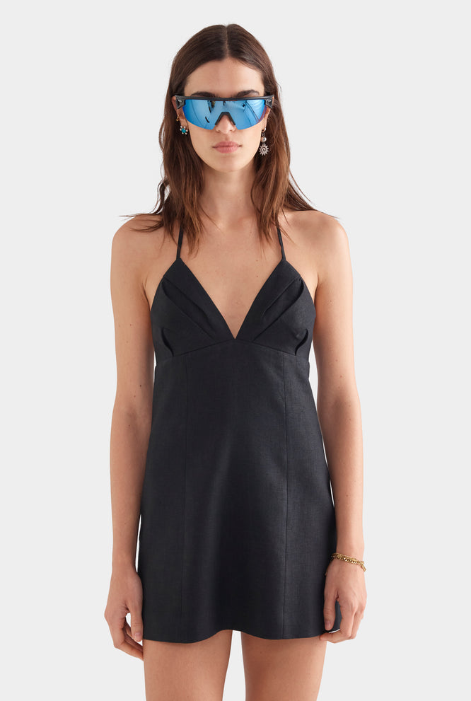 Halter Linen Mini Dress - Black
