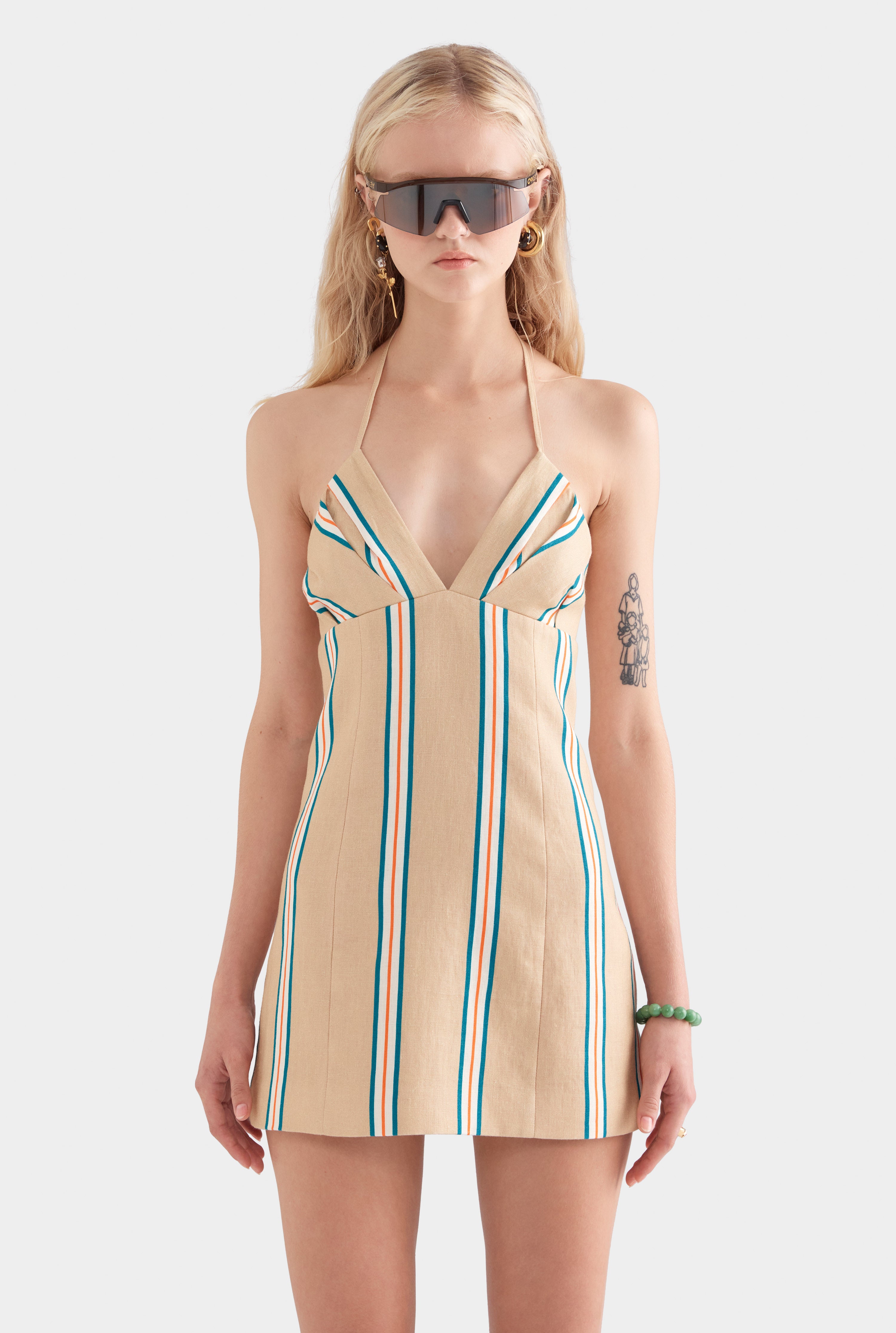 Halter Linen Mini Dress - Hazelnut/Teal/Orange Stripe