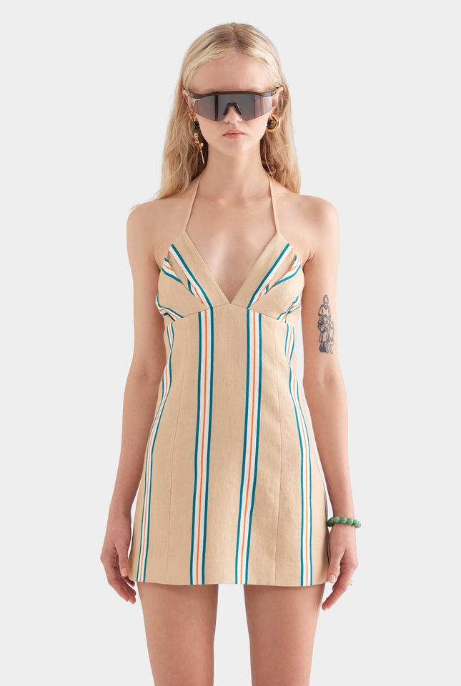 Halter Linen Mini Dress - Hazelnut/Teal/Orange Stripe