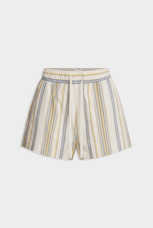 High Waisted Woven Stripe Lounge Short - Cream/Blue/Yellow Stripe