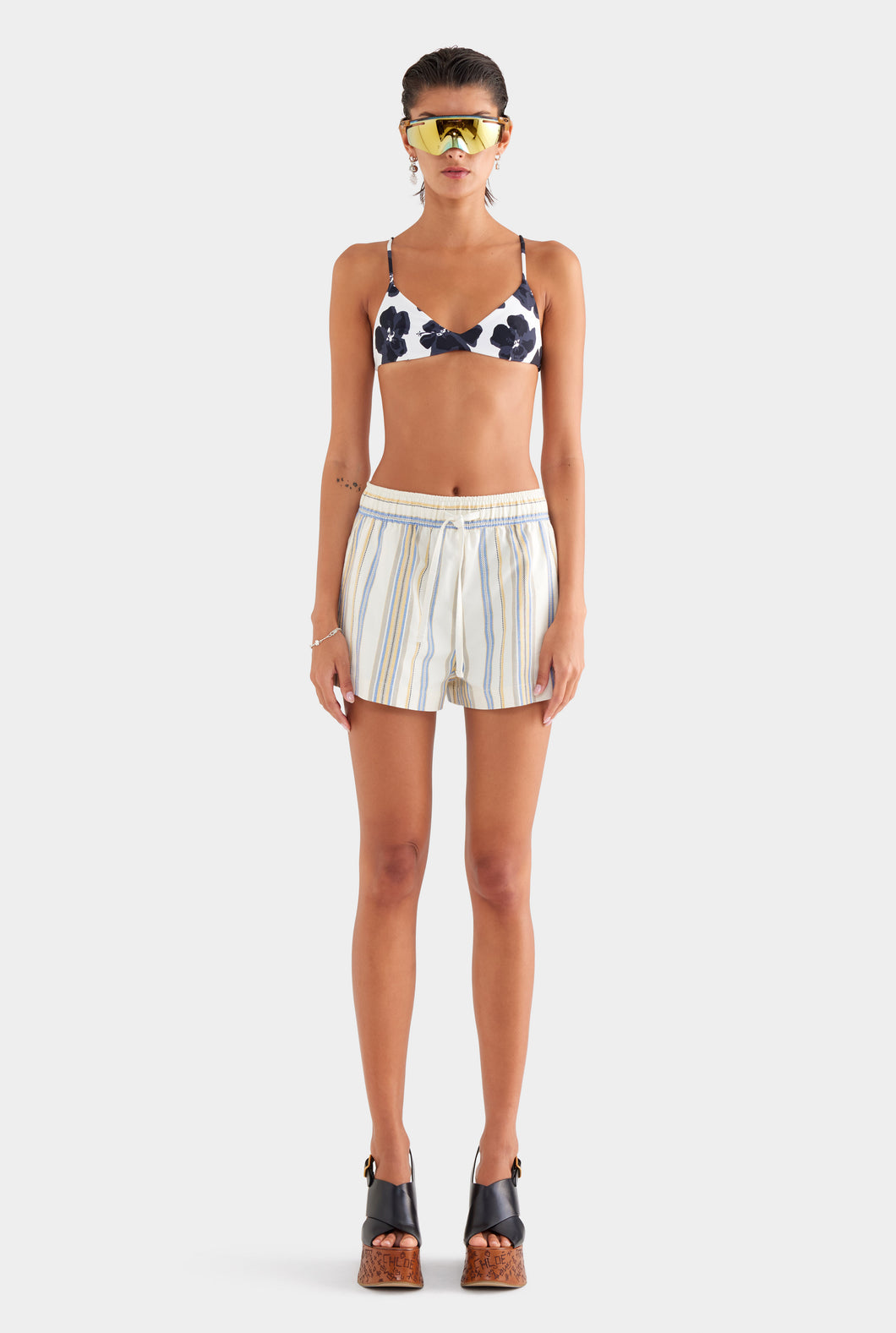 High Waisted Woven Stripe Lounge Shorts - Cream/Blue/Yellow Stripe