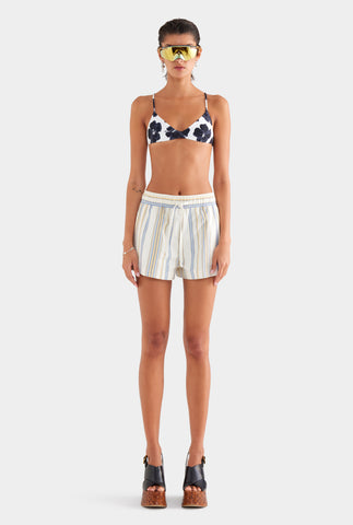 High Waisted Woven Stripe Lounge Shorts - Cream/Blue/Yellow Stripe