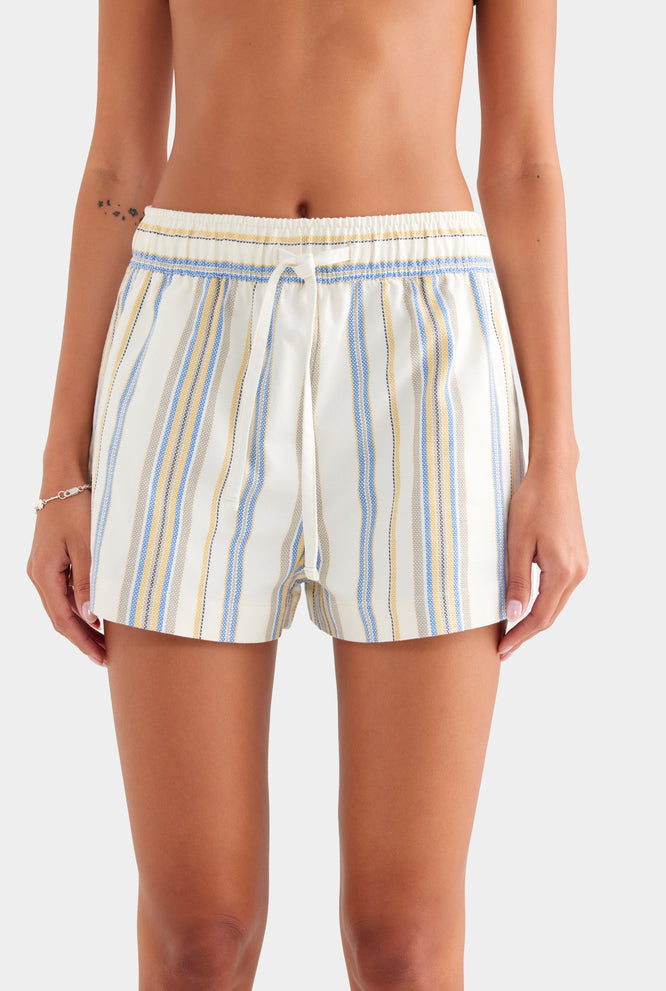 High Waisted Woven Stripe Lounge Shorts - Cream/Blue/Yellow Stripe