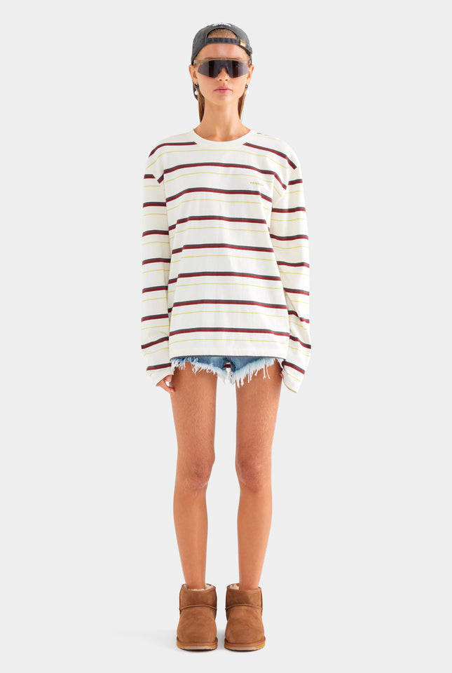 Long Sleeve Striped T Shirt - Cream/Mahogany Brown/Yellow Stripe