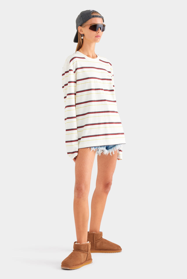 Long Sleeve Striped T Shirt - Cream/Mahogany Brown/Yellow Stripe