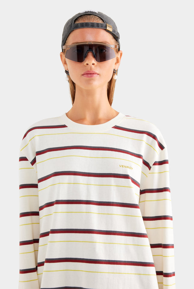 Long Sleeve Striped T Shirt - Cream/Mahogany Brown/Yellow Stripe