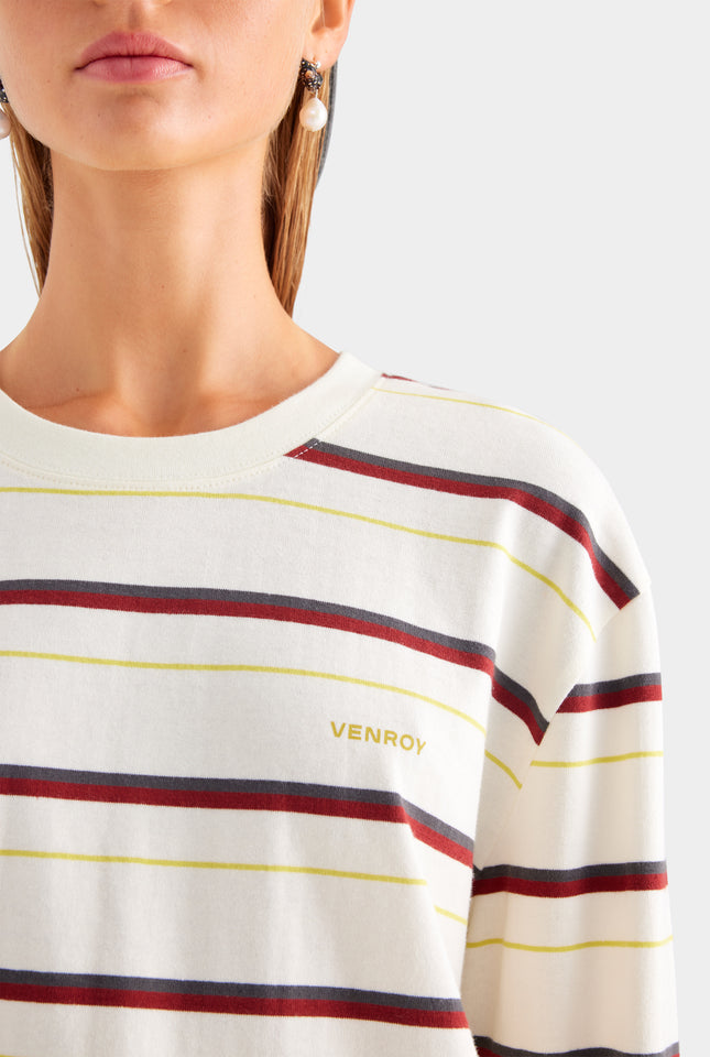 Long Sleeve Striped T Shirt - Cream/Mahogany Brown/Yellow Stripe