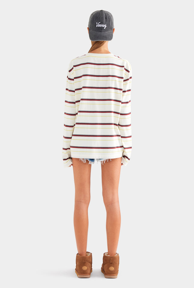 Long Sleeve Striped T Shirt - Cream/Mahogany Brown/Yellow Stripe