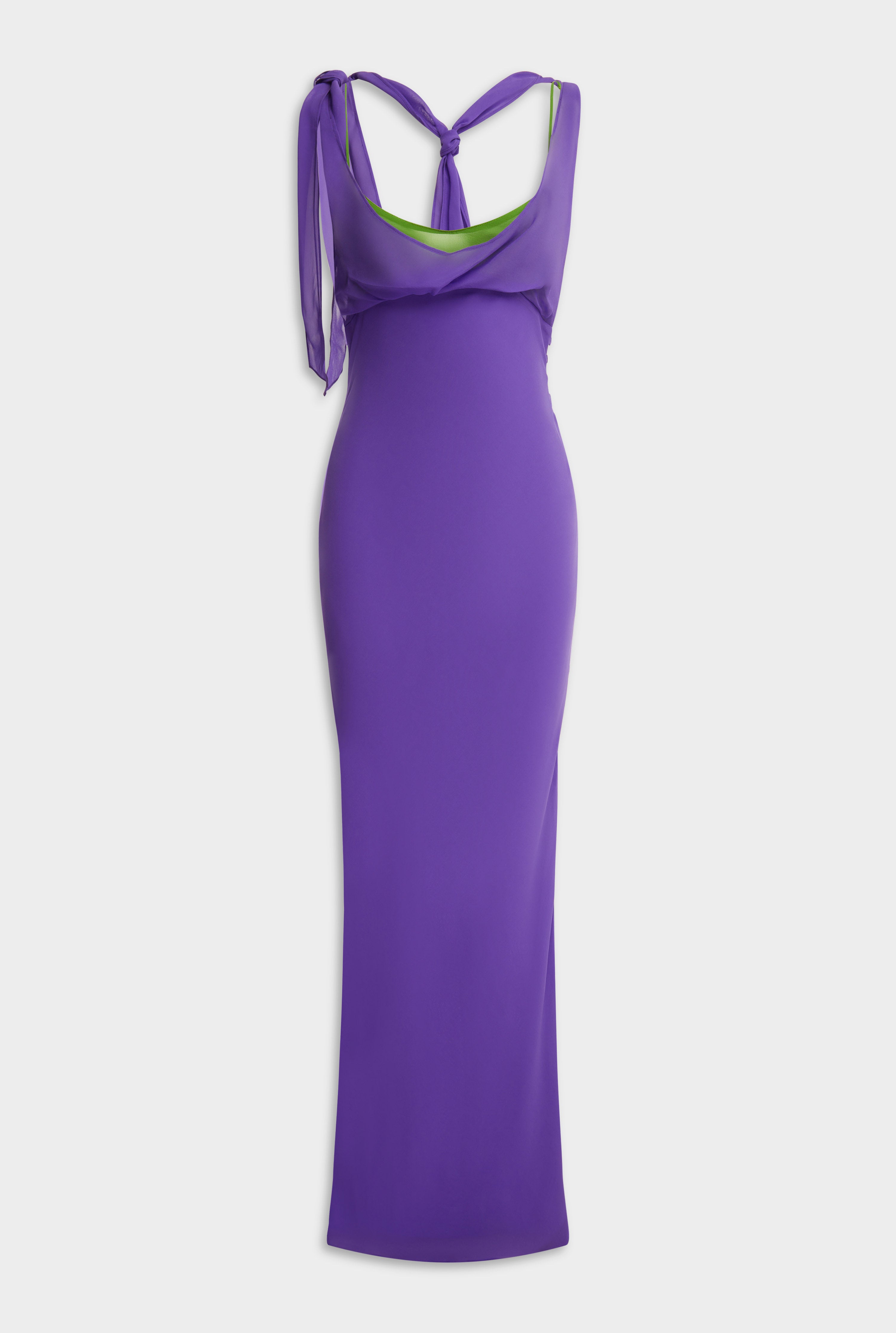 Layered Cowl Silk Maxi Dress - Violet/Leaf Green