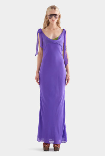 Layered Cowl Silk Maxi Dress - Violet/Leaf Green
