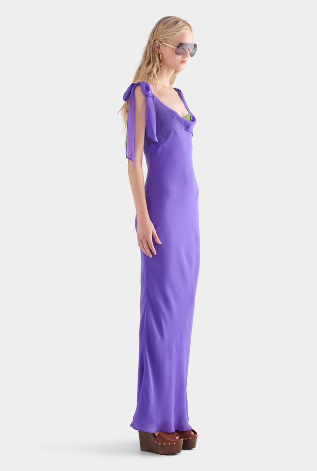 Layered Cowl Silk Maxi Dress - Violet/Leaf Green