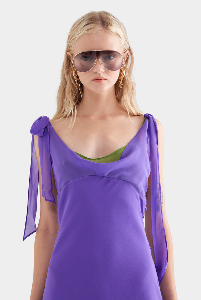 Layered Cowl Silk Maxi Dress - Violet/Leaf Green