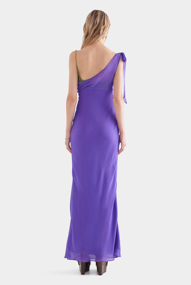 Layered Cowl Silk Maxi Dress - Violet/Leaf Green