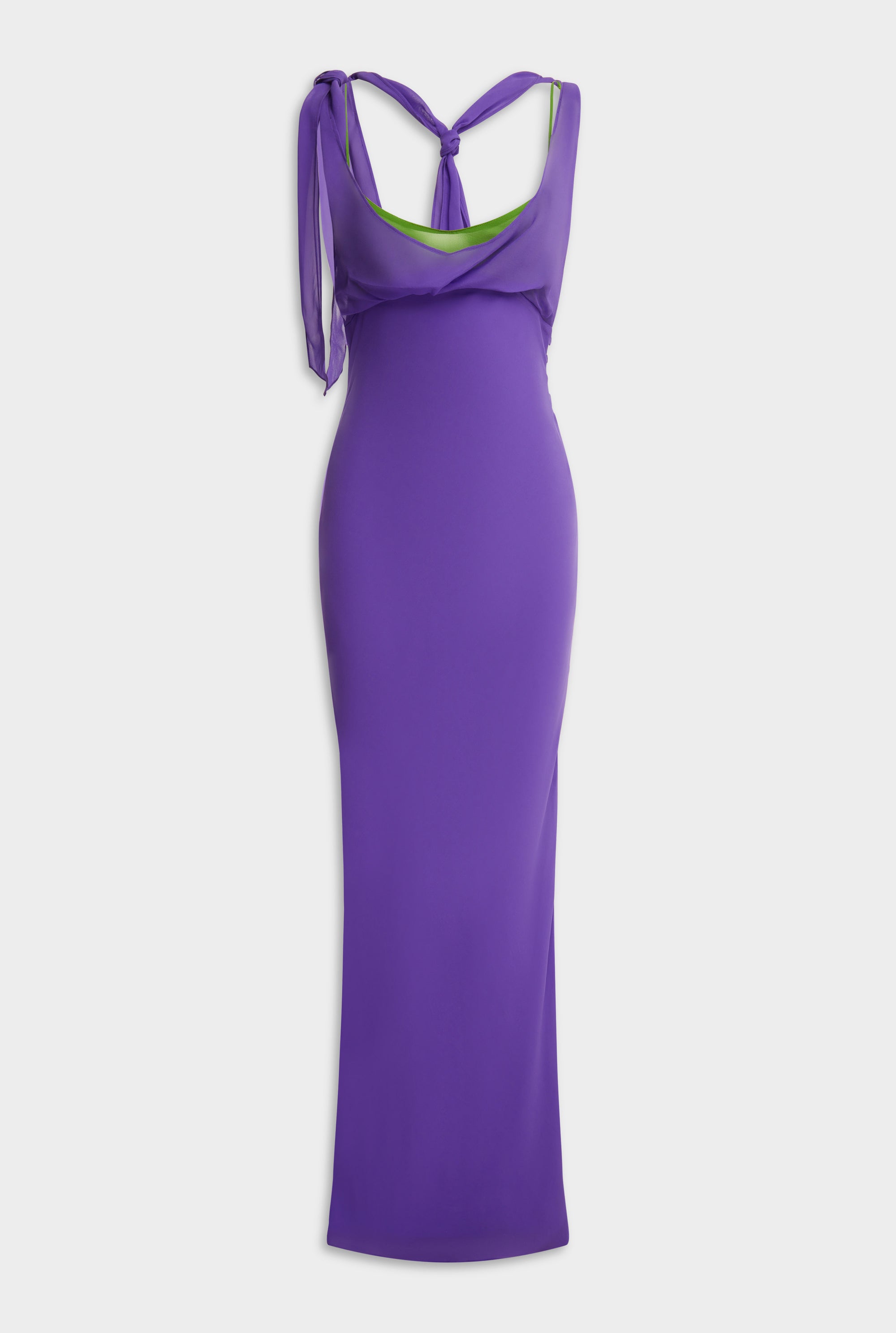 Layered Cowl Silk Maxi Dress - Violet/Leaf Green