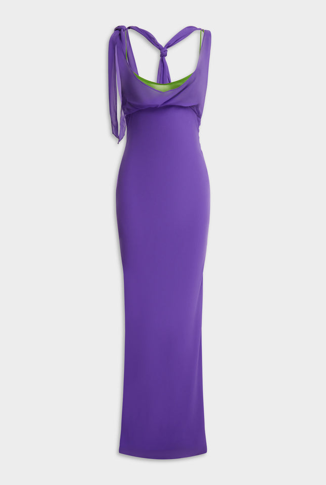 Layered Cowl Silk Maxi Dress - Violet/Leaf Green