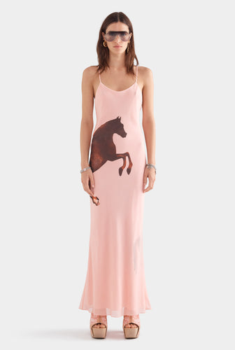 Layered Silk Slip Maxi Dress - Pink/Horse Stamp