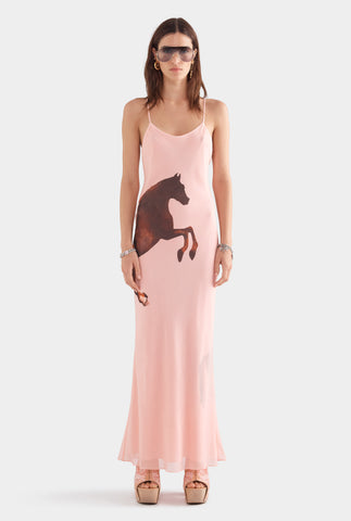 Layered Silk Slip Maxi Dress - Pink/Horse Stamp