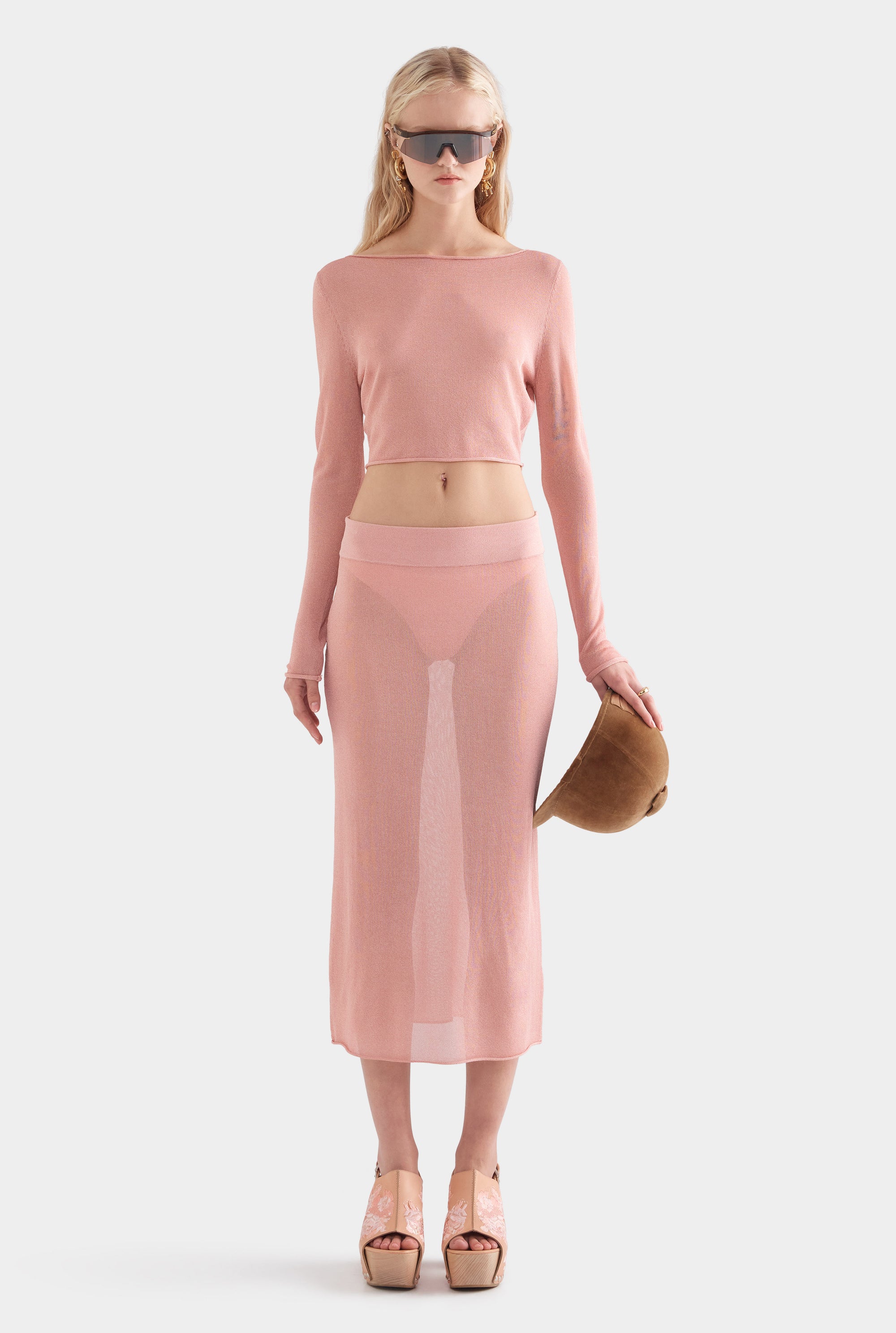 Lurex Knit Long Sleeve Cropped Top - Light Pink
