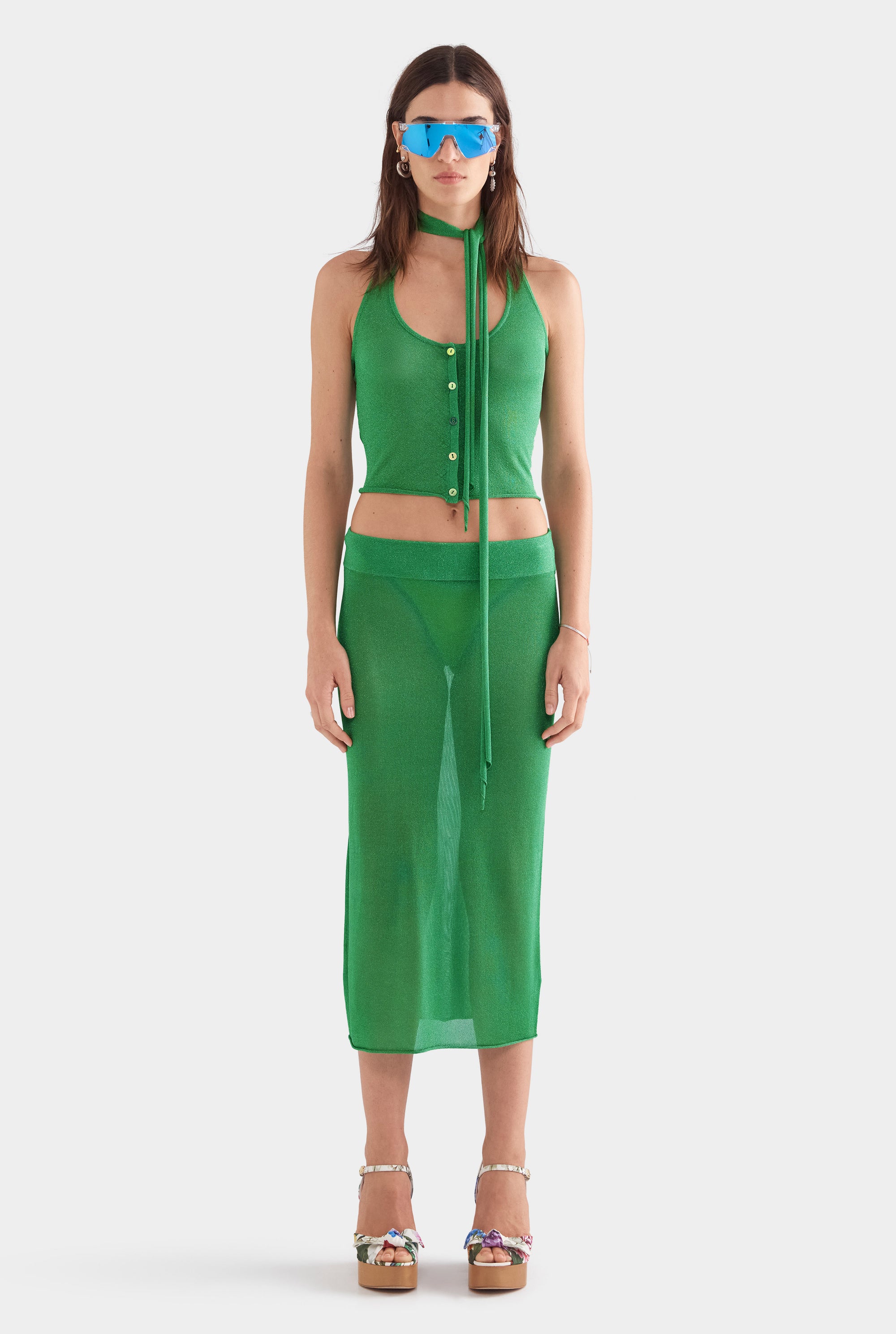 Lurex Knit Scarf Halter Top - Bright Green