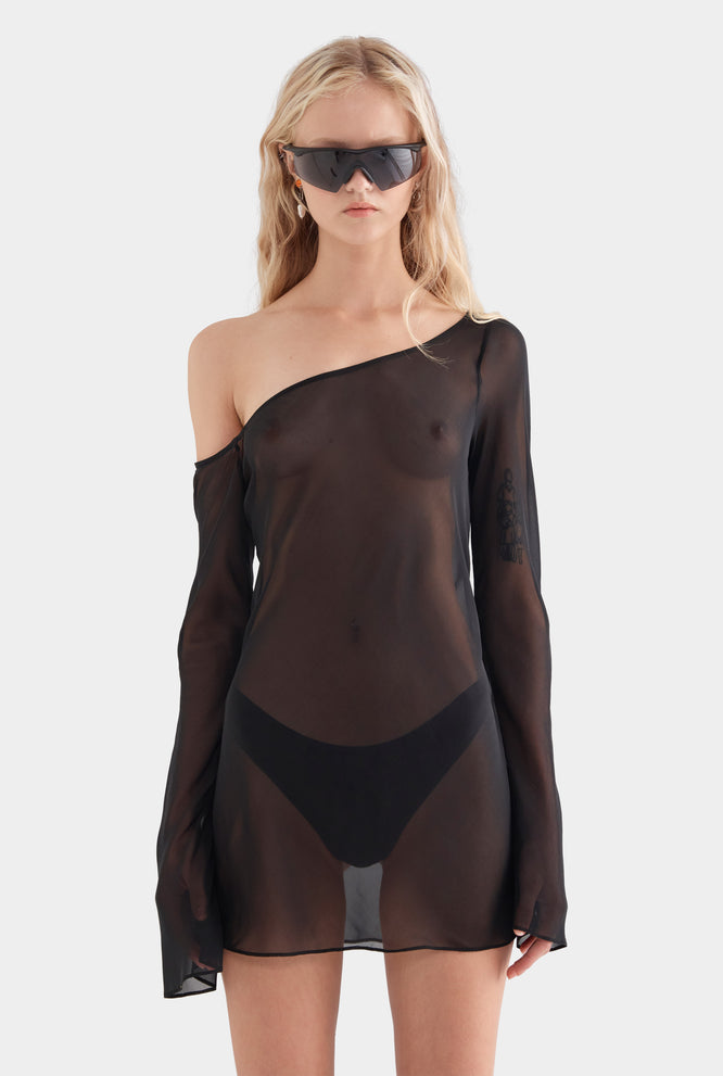 One Shoulder Silk Mini Dress - Black